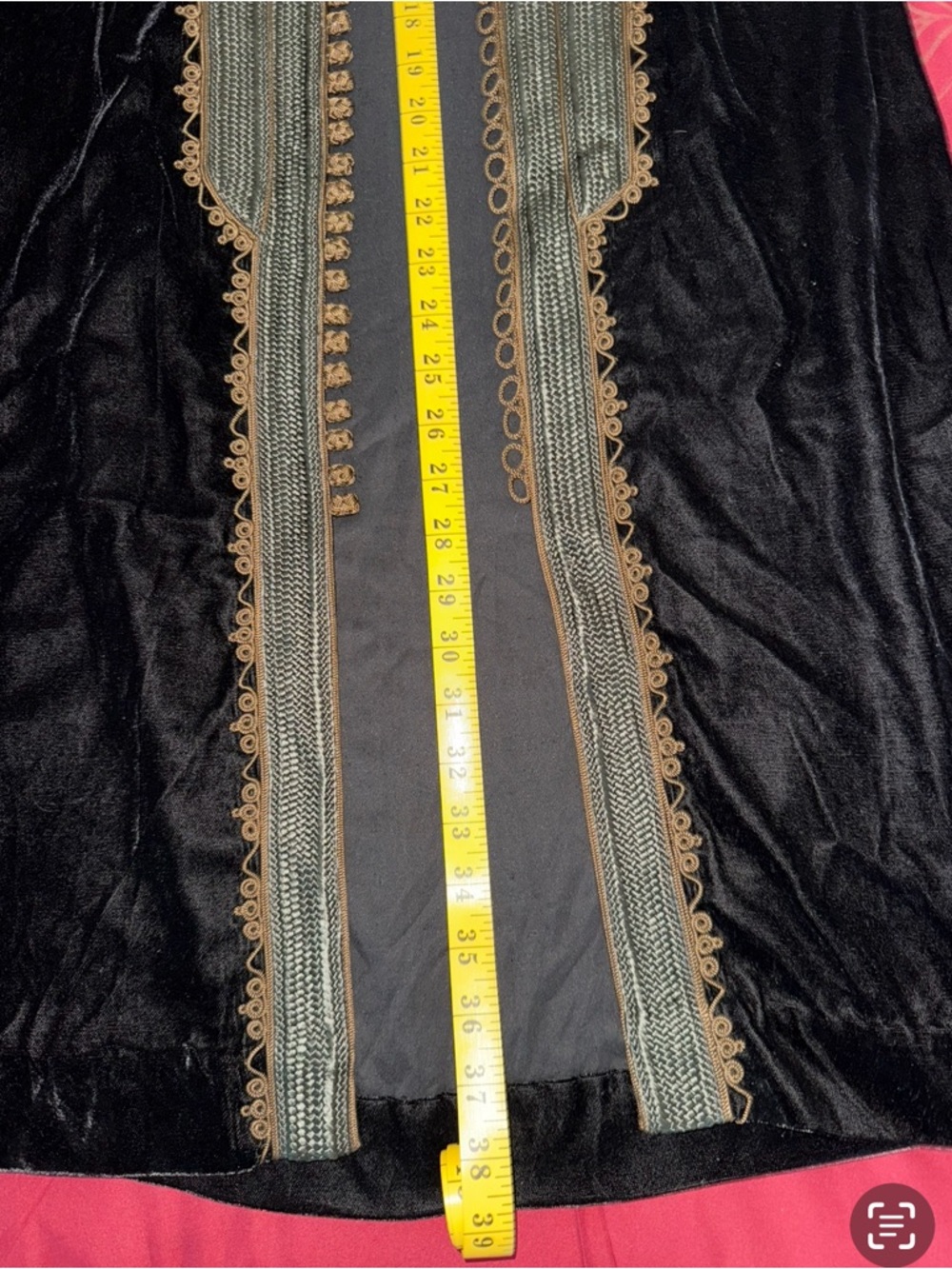 Black Velvet Long Coat with Ornate Gold-Tone Trim - Picture 10 of 16